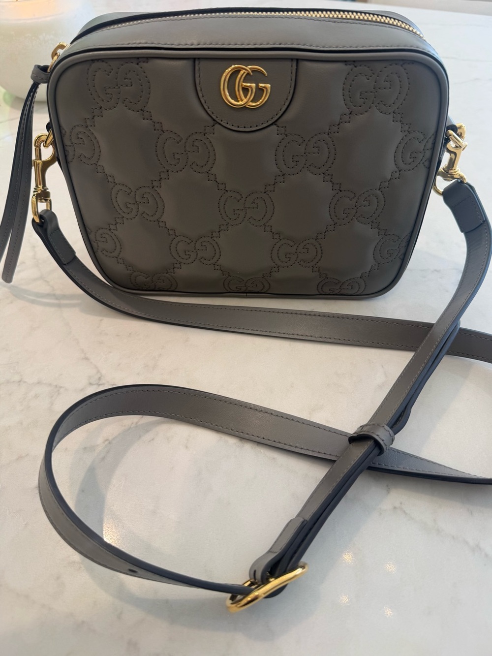 Gucci Gray GG Embossed Leather Camera Crossbody with Gold Hardware